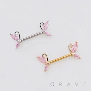 DELICATE BUTTERFLY ENDS ACCENTED WITH SPARKLING PINK CZ 316L SURGICAL STEEL NIPPLE RING
